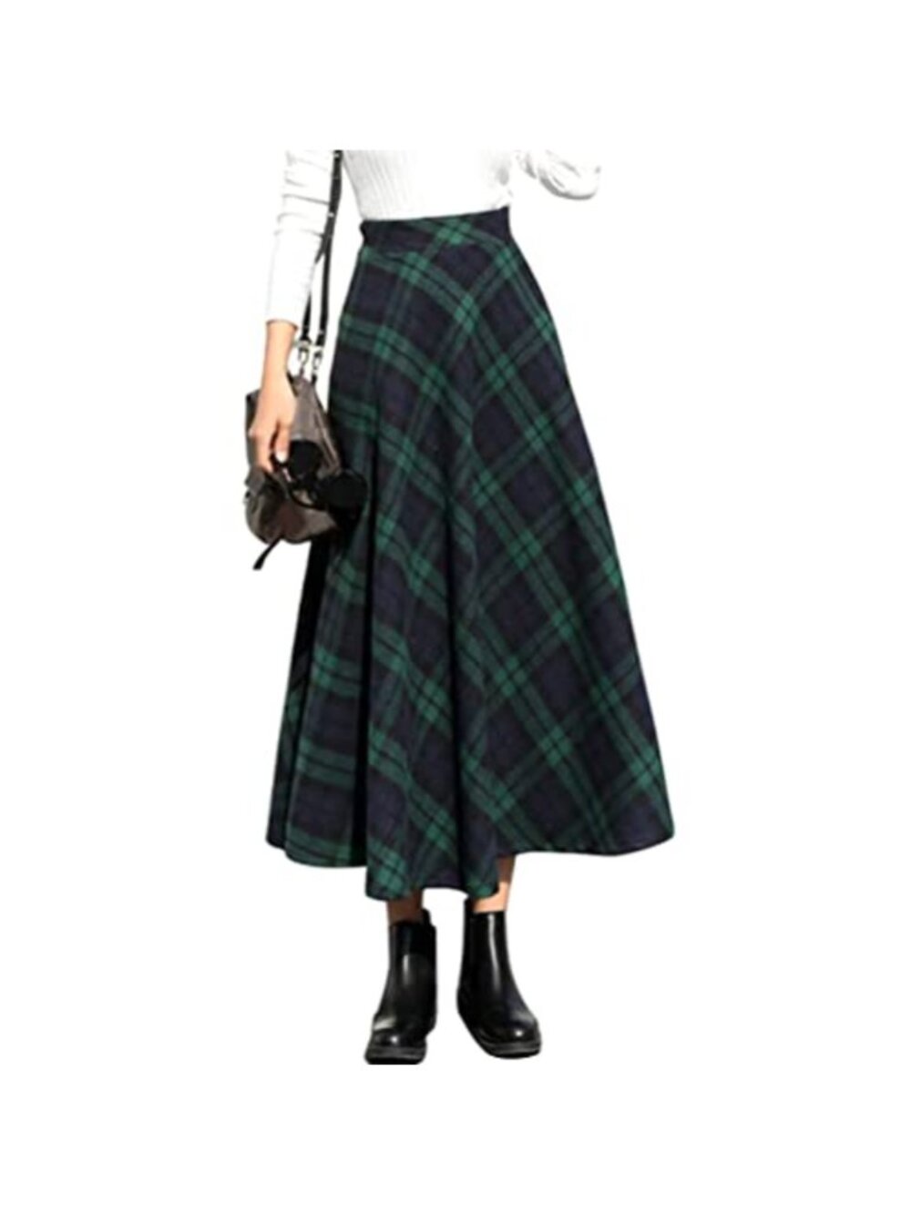 Womens Wool Blend Plaid A-Line Pleated Maxi Skirt High Waist Side Zip